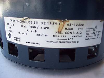 Westinghouse electric motor 1/3HP 115VAC 9.8AMP 1050RPM