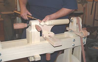 Woodworkers treadle lathe, woodbodied and foot operated