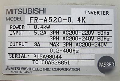 Mitsubishi freqrol fr-A520 -0.4K frequency invert .5HP 