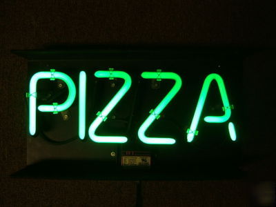 Genuine neon pizza sign glass letters, black background