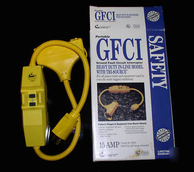 Portable in-line gfci tri-source heavy duty 15 amp