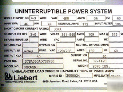 Liebert npower 50 kva 480-208/120 v ac