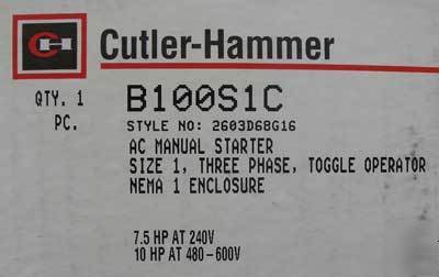 New cutler hammer B100S1C sz 1 ac manual starter 3PH N1