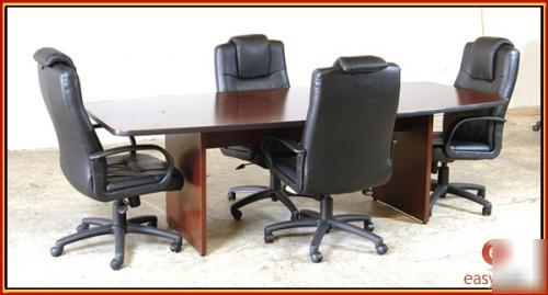 Cherry finish conference table + (4) black vinyl chairs