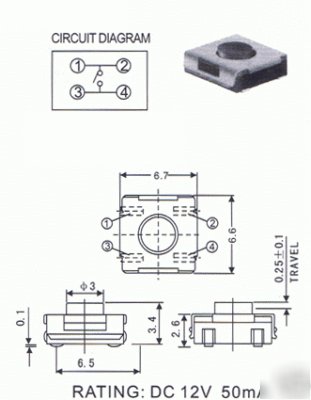 150PCS 6.7X6.6 tact switch height 3.4MM tactilebutton 