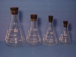 4 lab glass erlenmeyer flasks w stoppers 50ML- 250ML