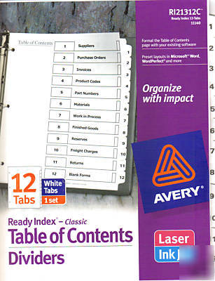 Lot of 20 table of contents dividers 12-tab avery white