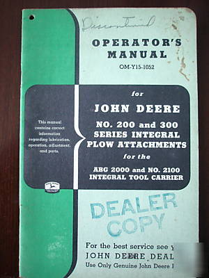 John deere operators manual 200 & 300 series plow