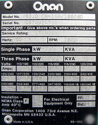 Onan 60 genset 60KW generator with ford V8 gas engine