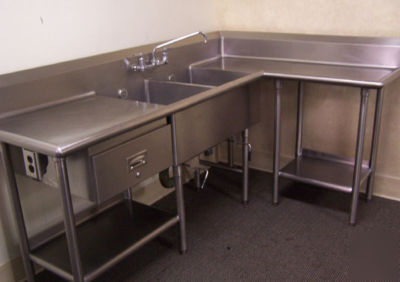 Stainless steel 2 compartment corner prep sink 